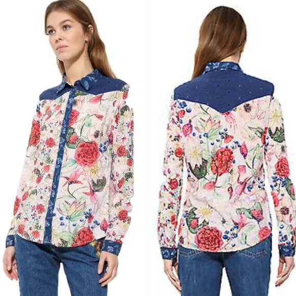 Desigual Women's Floral Bruselas Long Sleeves Button Down Top Shirt. Size XS